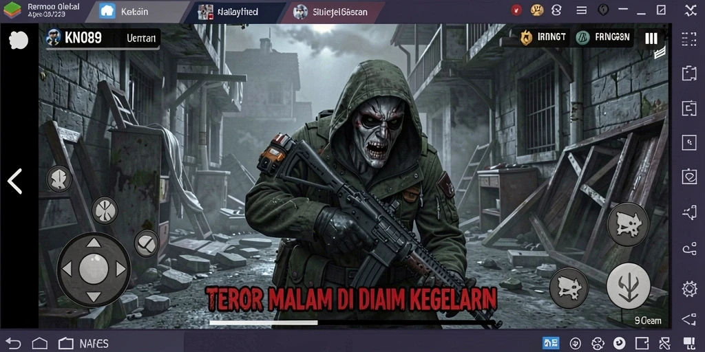 Screenshot gameplay KNO89 menampilkan suasana kegelapan yang menakutkan.