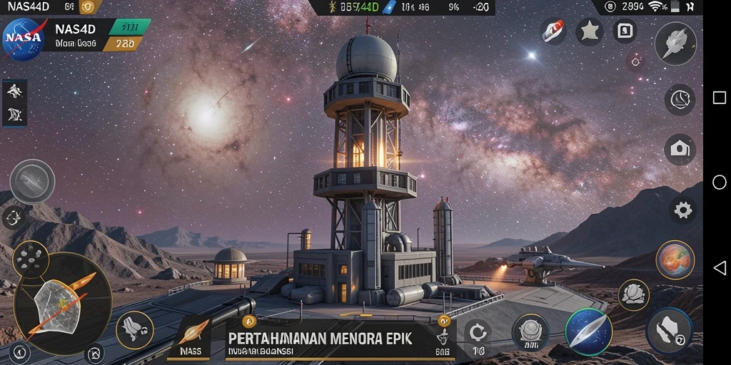 Screenshot gameplay Tower Defense NASA4D menampilkan pertahanan menara yang megah.
