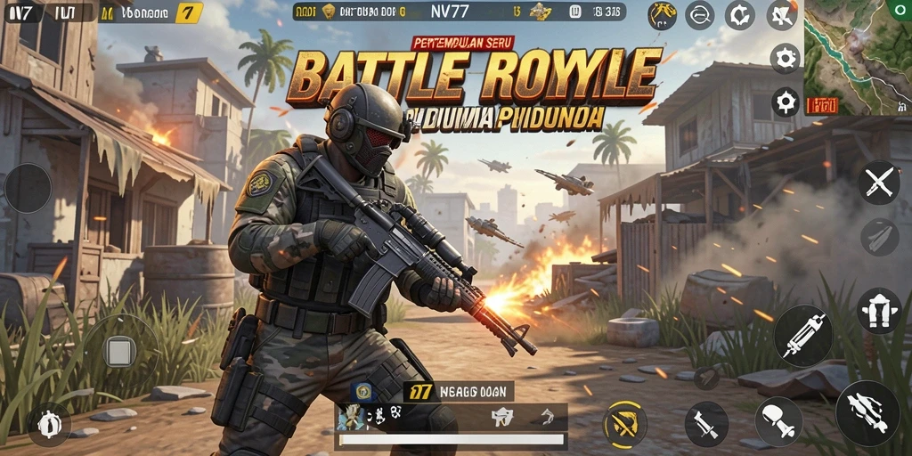 Gameplay seru NV77 dengan aksi pertempuran Battle Royale yang mendebarkan.