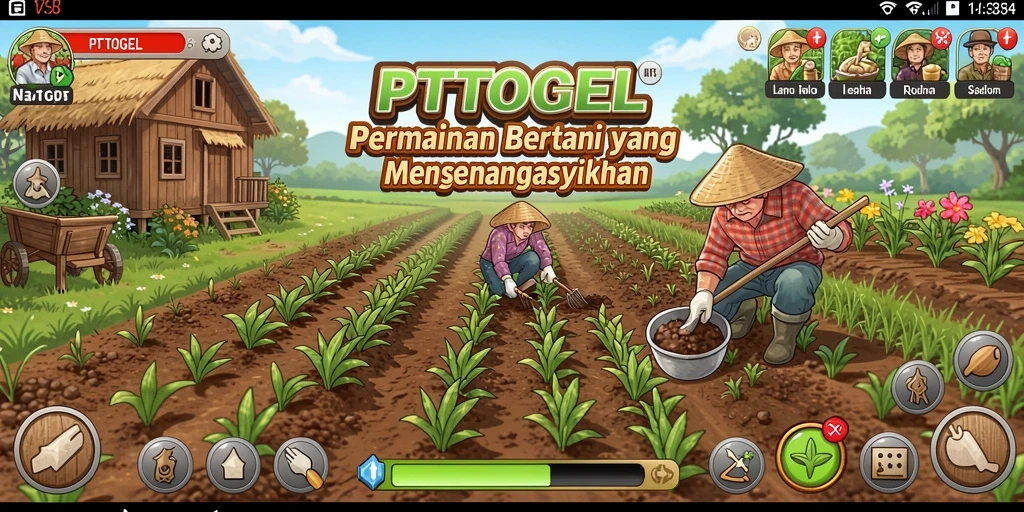 Tampilan gameplay PTTOGEL dengan berbagai tanaman dan hewan ternak.