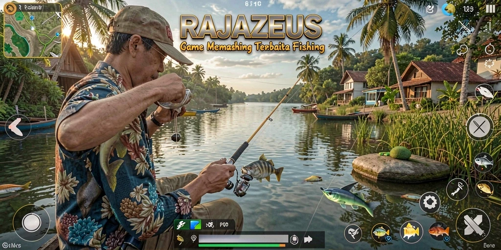 Screenshot gameplay RAJAZEUS yang menunjukkan keseruan memancing.